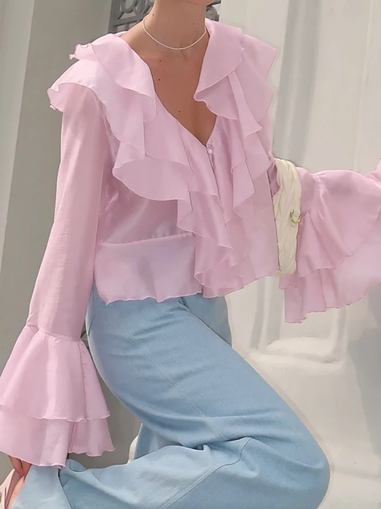 JULISSA MO szyfonowa seksowna koszulka z dekoltem w serek wzburzyć damska koszulka różowy rozszerzany rękaw jednorzędowa koszulka Lady lato casualowe w stylu Streetwear 2025