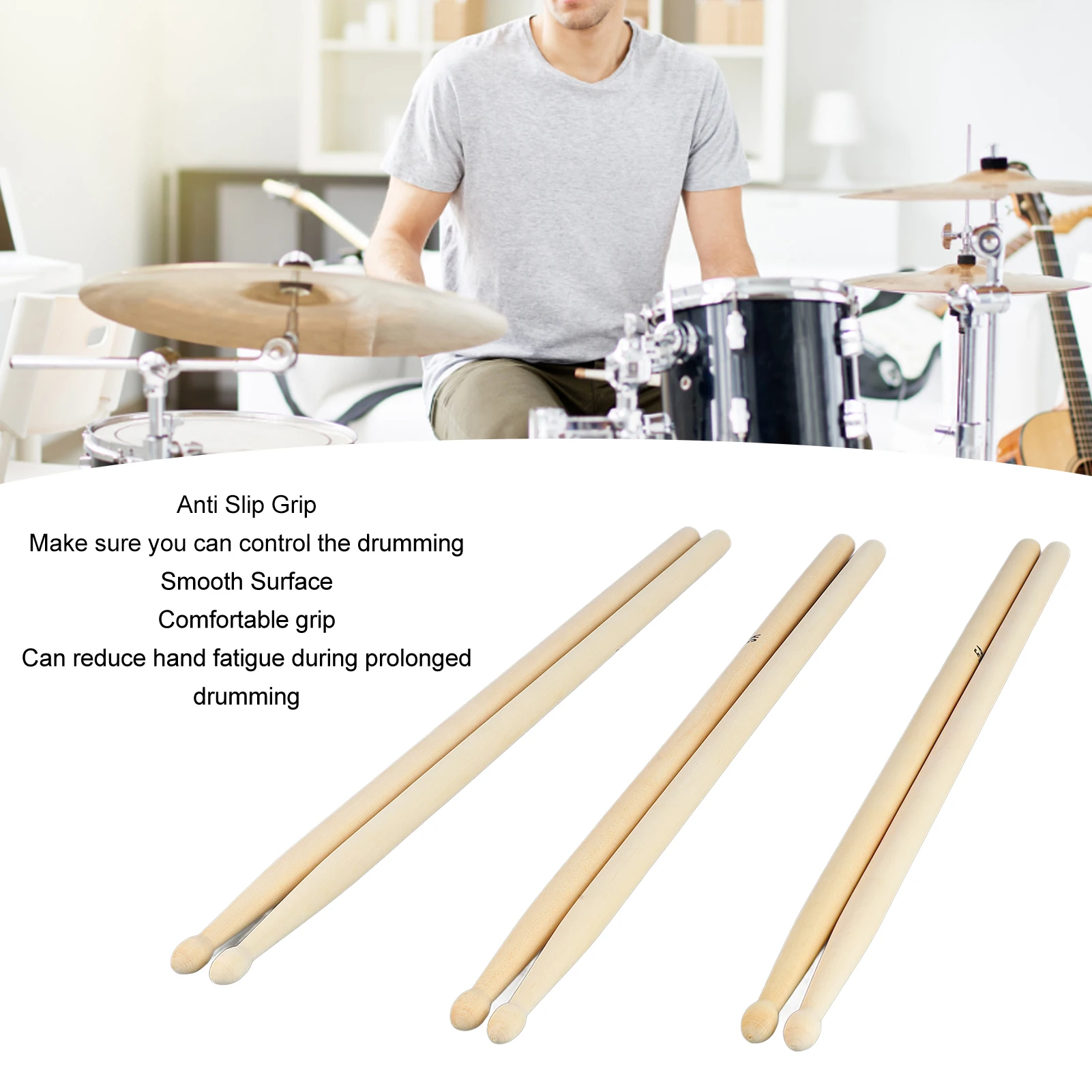 Picture 7: 3 Pairs 5A Drumstick Sturdy Solid Wood Anti Slip Comfortable Grip Drum Stick Portable Easy Using for Performance Practice