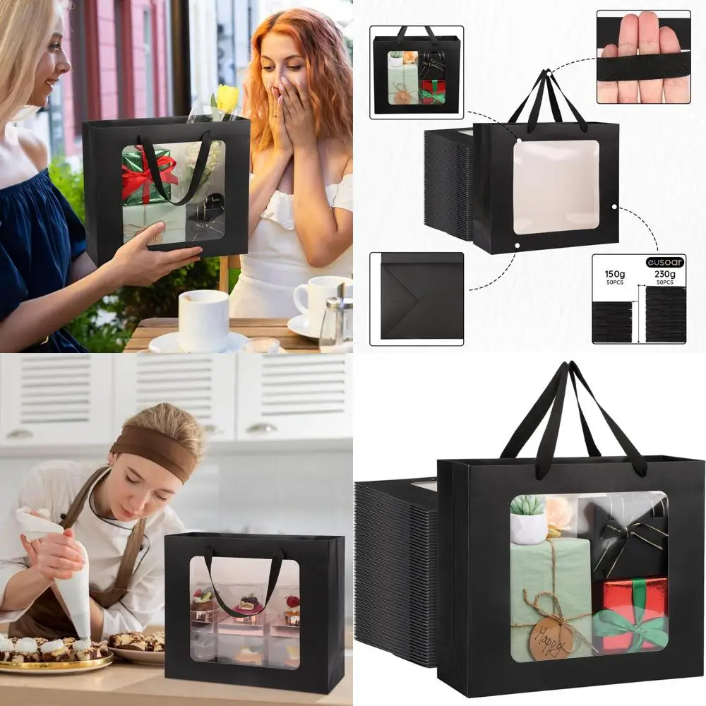 

50 Pack 12.5x4.5x11 Black Clear Gift Bags with Handles and Window for Wedding and Party Favors