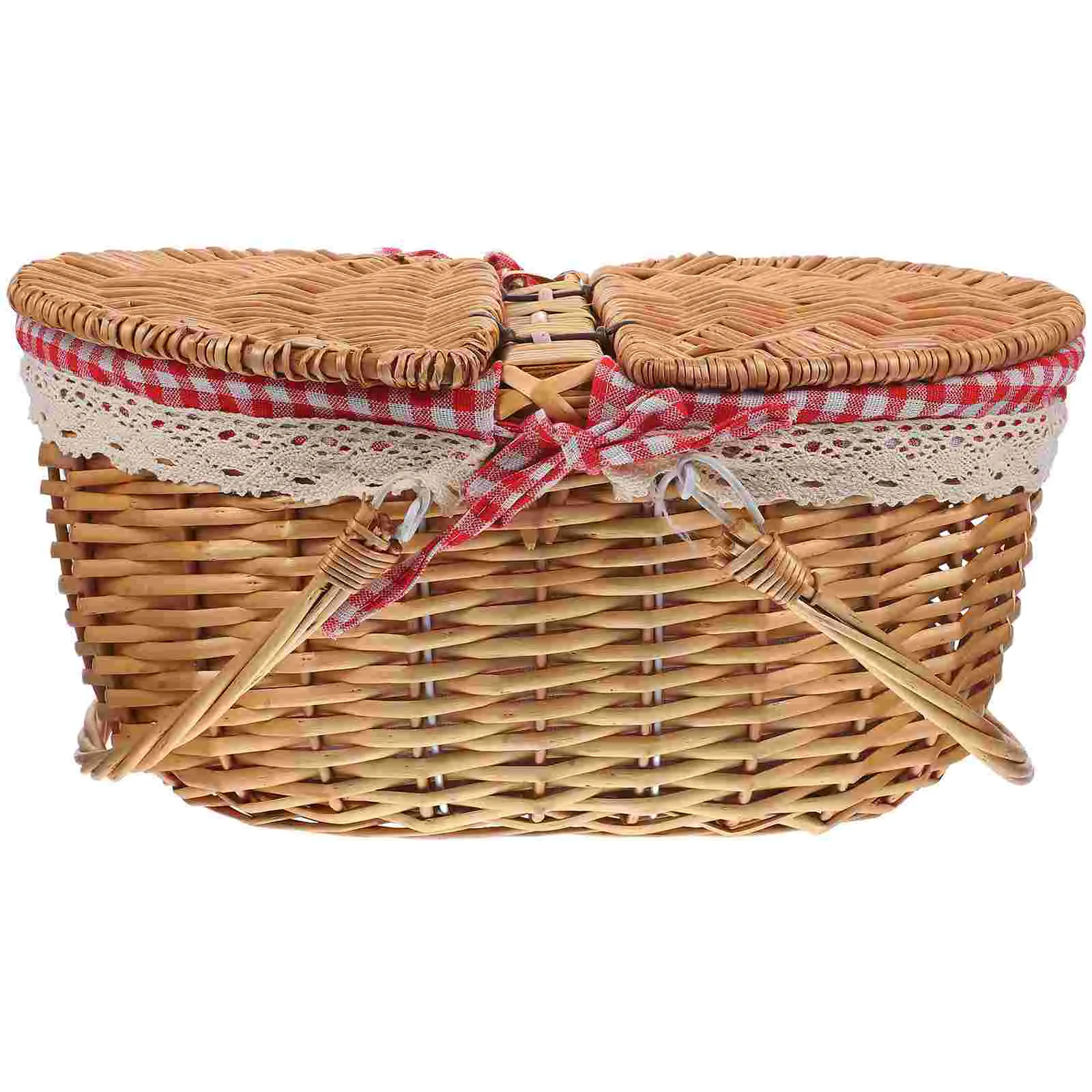 

Wicker Picnic Basket Lid 35x25x17cm Red Check Vintage Storage Basket for Home Decor Vegetable Fruit Toy ganizer Outdoor Camping