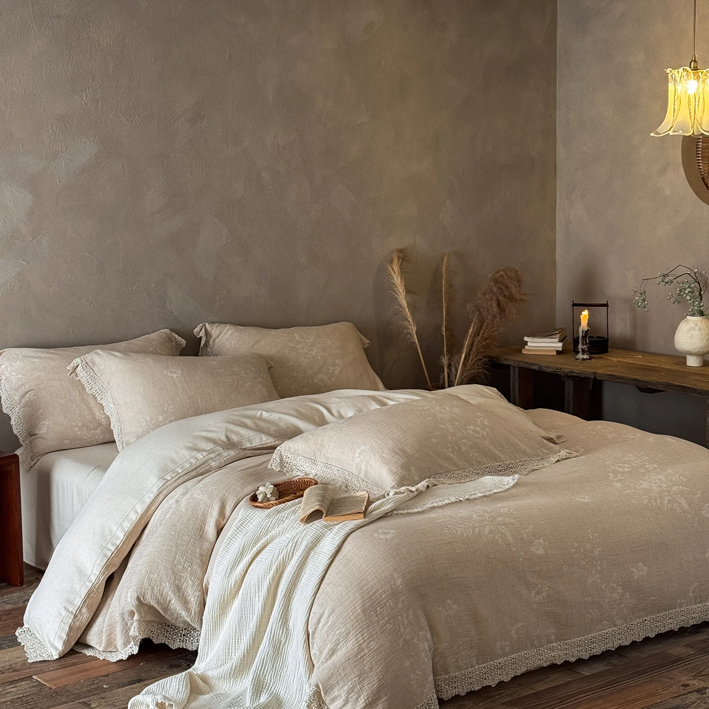 

Vintage Jacquard Lace Bedding Set Double Queen King Size Natural Linen Cotton Duvet Cover Flat/Fitted Bed Sheet Pillowcases 4Pcs