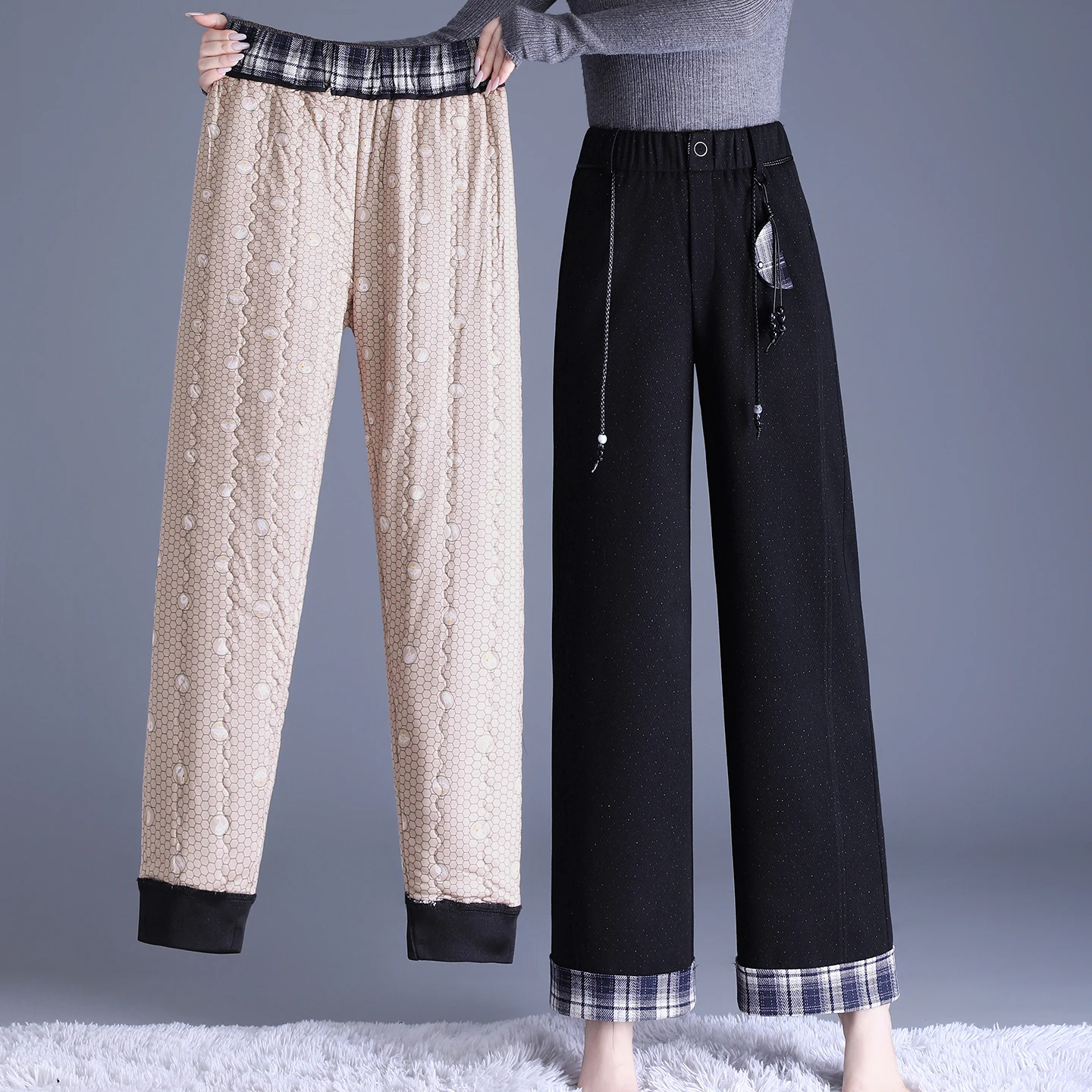 

Утепленные зимние прямые повседневные брюки для женщин, с высокой талией, утягивающие, из шерсти, широкие штанины, хлопковые брюки для дам