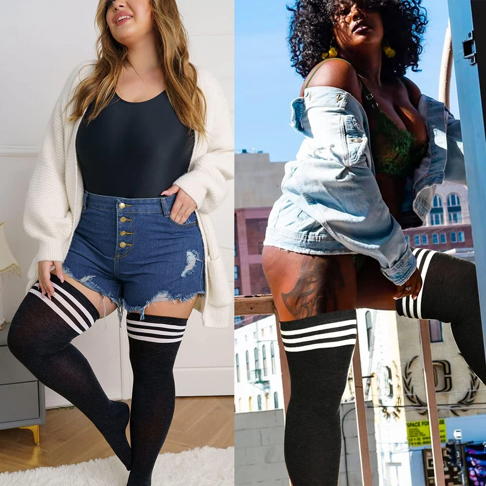 

ZHUOHUA 1 Pair Plus Size Stockings Thigh High Solid Color Knee-High Socks Lolita Slimming Black White Socks