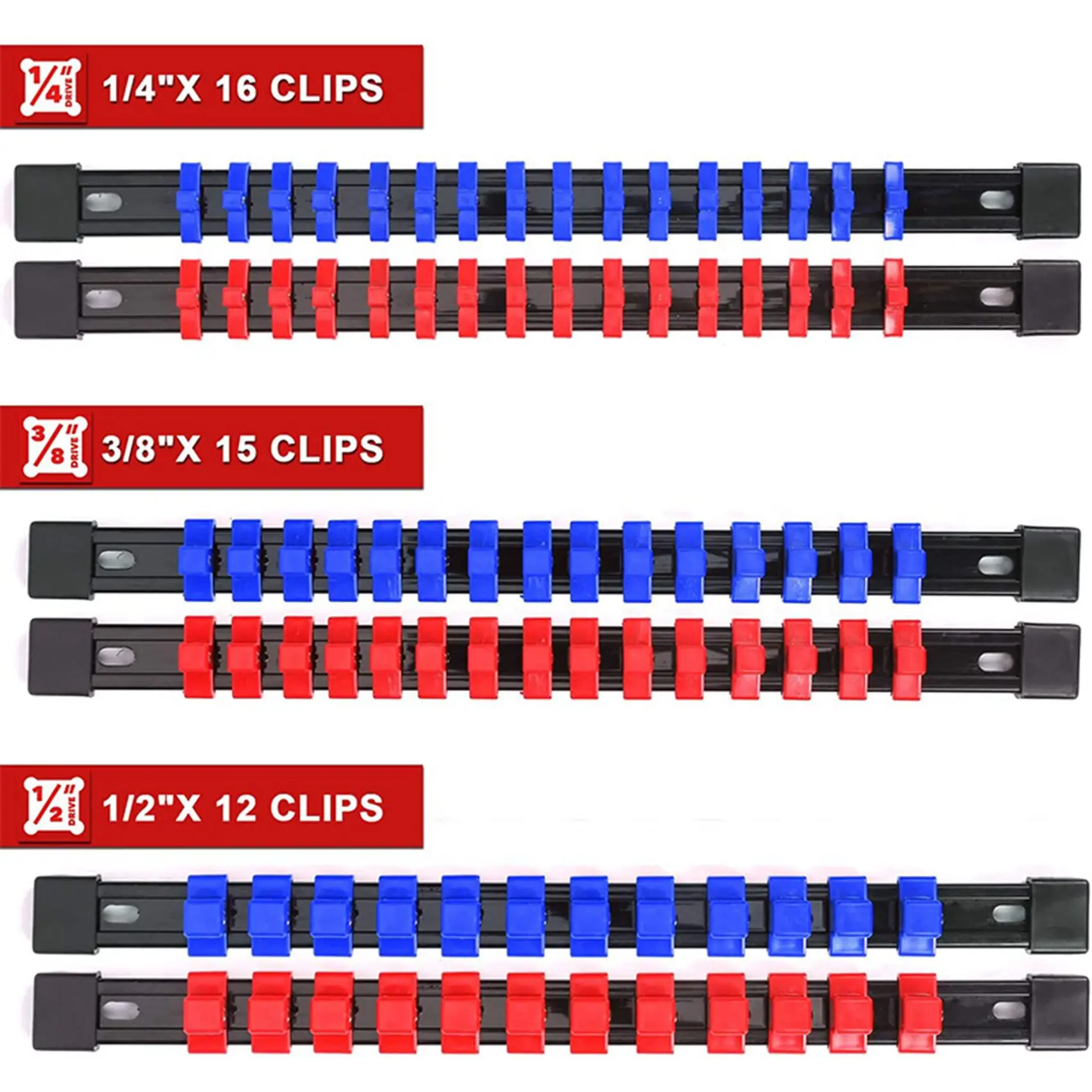 ABS Socket Organizer Drive Socket Holder, 1/4 Inch X 64 Clips, 3/8 Inch X 60 Clips, 1/2 Inch X 48 Clips,12 Pieces Set