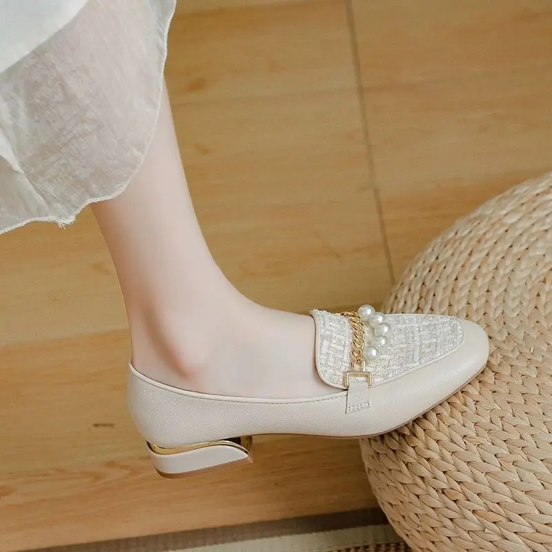 Woman Pumps Kawaii Cute Square Toe Block Heel Shoes for Women Loafers Pearl Chunky Heels Korean Style E Non Slip Shoe Chic Point