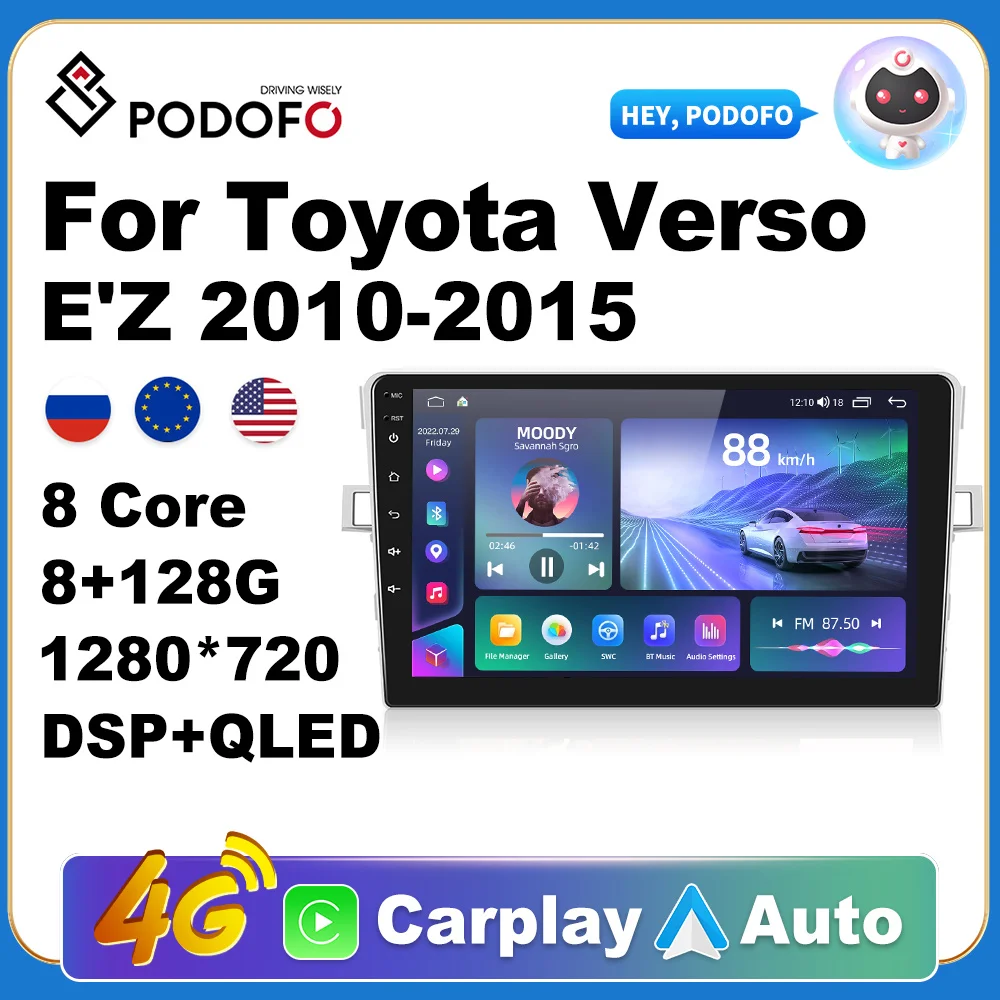 

Podofo Android 10 Car Radio Player For Toyota Verso E'Z 2010-2015 GPS Navigation Autoradio Stereo Carplay Ai Voice 4G DSP WIFI