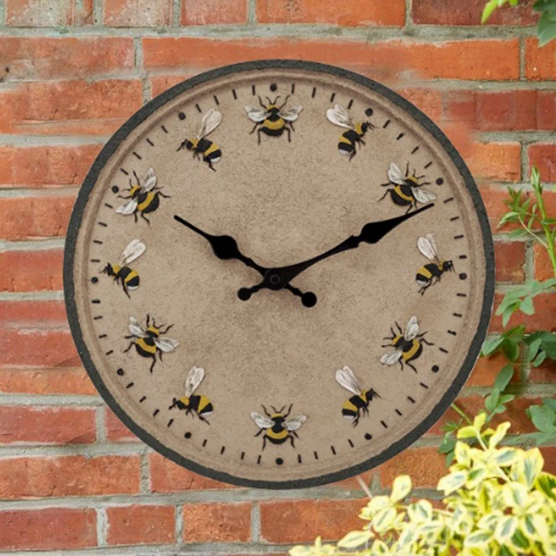 12 Inch Round Garden Clock IP44 Waterproof Wall Hanging Clock Decorative Bee Outdoor Clock