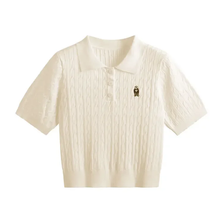 Design Sensation Summer Short Knitted Polo Shirt Bear Twist Embroidery Slim Fit Shoulder Polo Women's Short Sleeve T-shirt