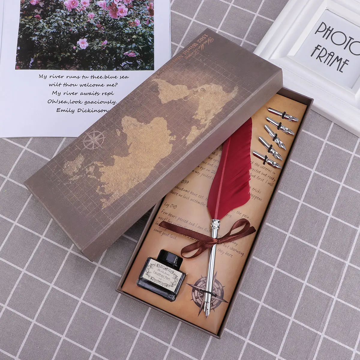 1Set Premium Natural Pen Set Elegant Wedding Sign-in Pen Vintage Retro Style for Home Office Store Use with Ink Box Wine