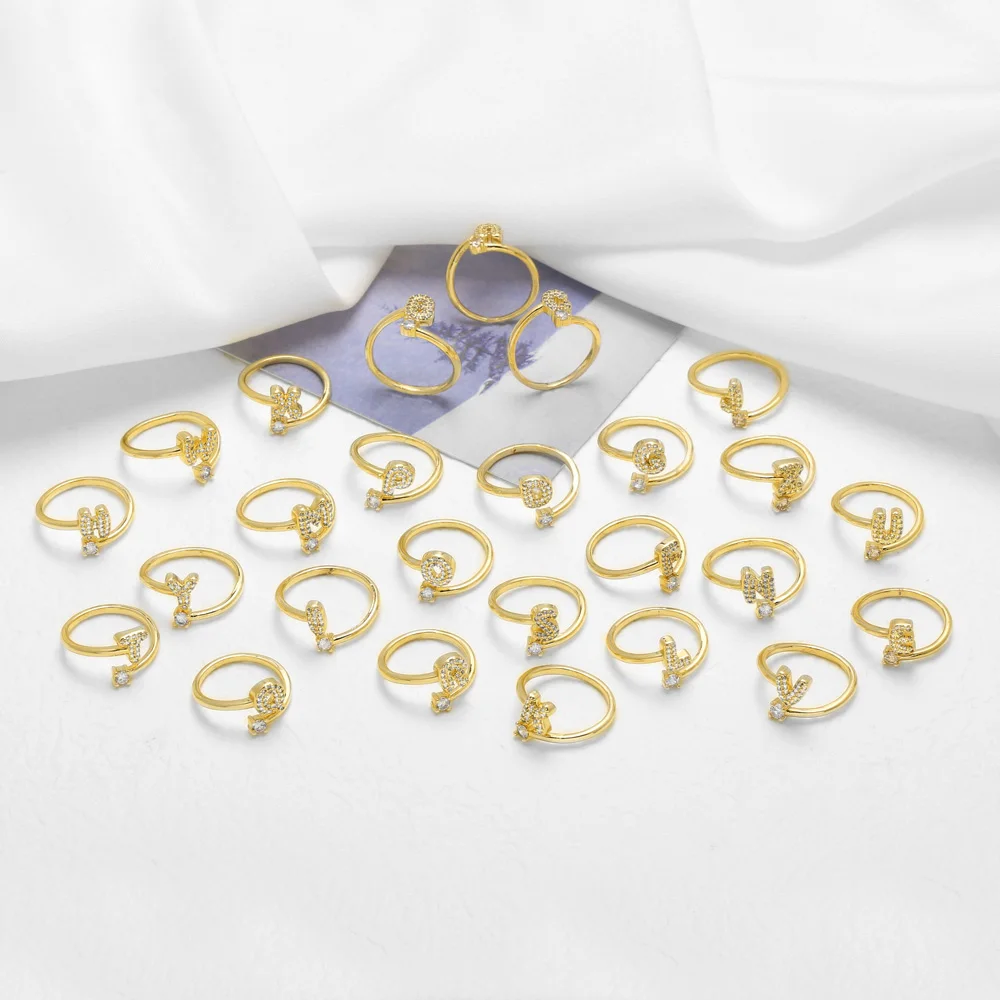 FLOLA Minimalist Crystal 26 Letters Rings for Women Gold Plated Initial Rings Adjustable Hoops Alphabet Jewelry Gifts rigs40