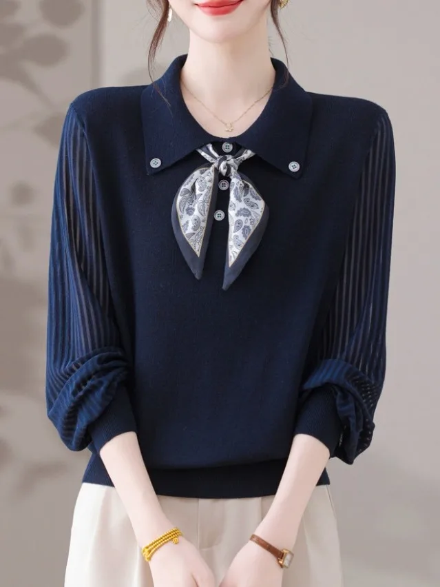 Luksusowa europejska damska dzianinowa bluzka z kołnierzykiem, długa, wełniana, bazowa, typu T-shirt, codzienna, wygodna, miękka mieszanka poliestru.