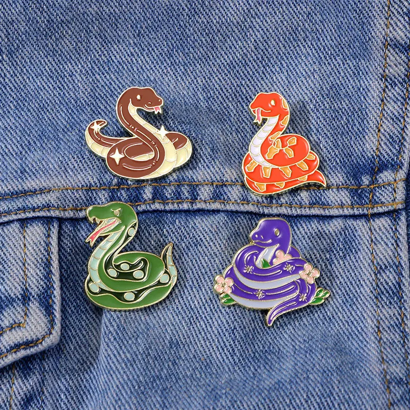 4Pcs Cute Cartoon Snake Enamel Pin Set Colorful Serpent Kawaii Reptile Metal Brooch Badge For Backpack Jacket Decor Gift