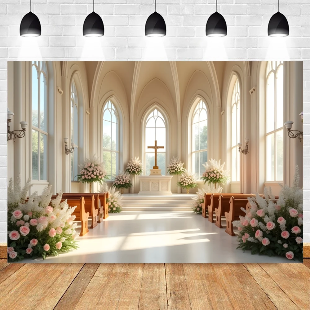 White Church Backdrop Jesus Cross Window Flower Kid Christening Wedding Party Photography Background Photostudio Photobooth Prop