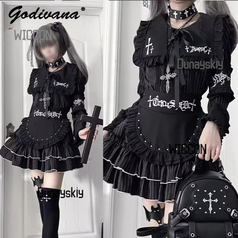 

Оригинальная весенне-летняя рубашка с длинными рукавами и вышивкой субкультуры, комплект с короткой юбкой, комплект из 2 предметов, черные готические наряды в стиле Харадзюку