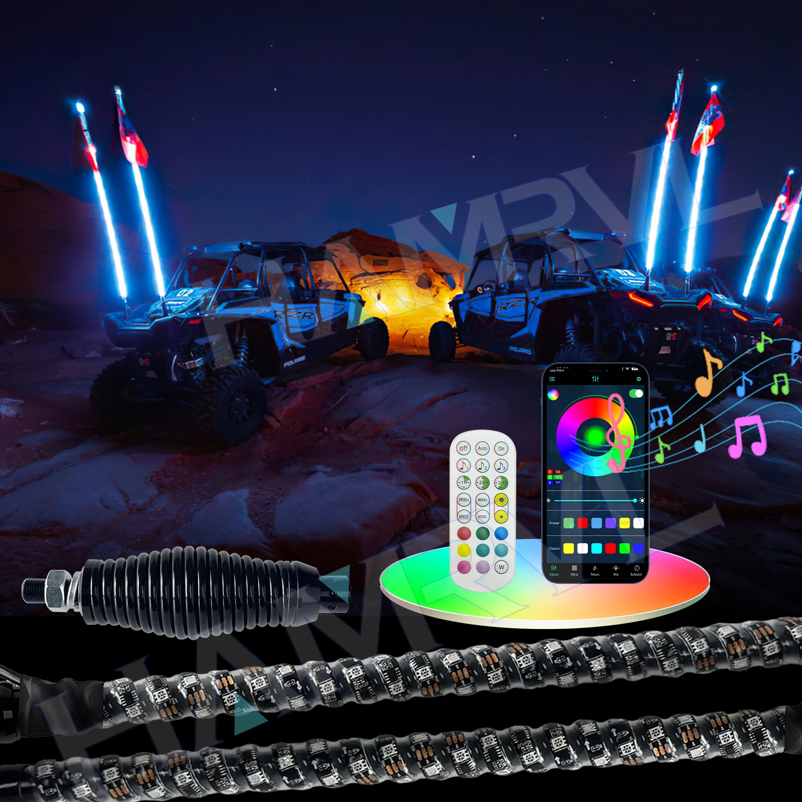 

2PCS 2FT LED Whip Lights,APP Remote Control Flagpole Antenna Whips RGB Lamp,for UTV, ATV, Off Road, Truck, Sand, Buggy Dune, RZR