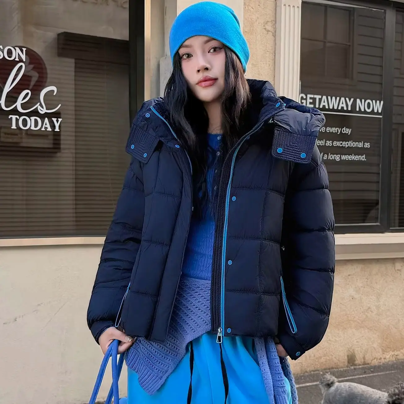 New Ladies Contrast Color Square Quilted Parka Winter Warm Elastic Cuff Zipper Pockets Women Casual Puffer Jacket Outer Garment
