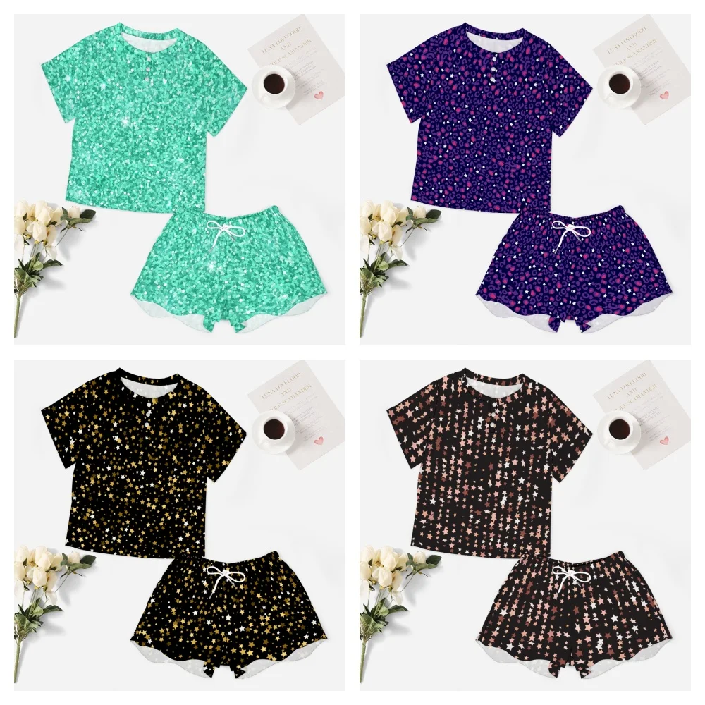 Glitter Pattern Women's 2-Piece Button Down Short Sleeve Button Front Sleepwear Loungewear PJ Set Summer Home Suit