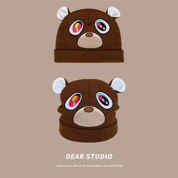韓国 Ins Tide ブランド ベア ニット ウール ハット 秋と春に暖かい ブラウン ドロップアウト ベア コールド ビーニー ハット