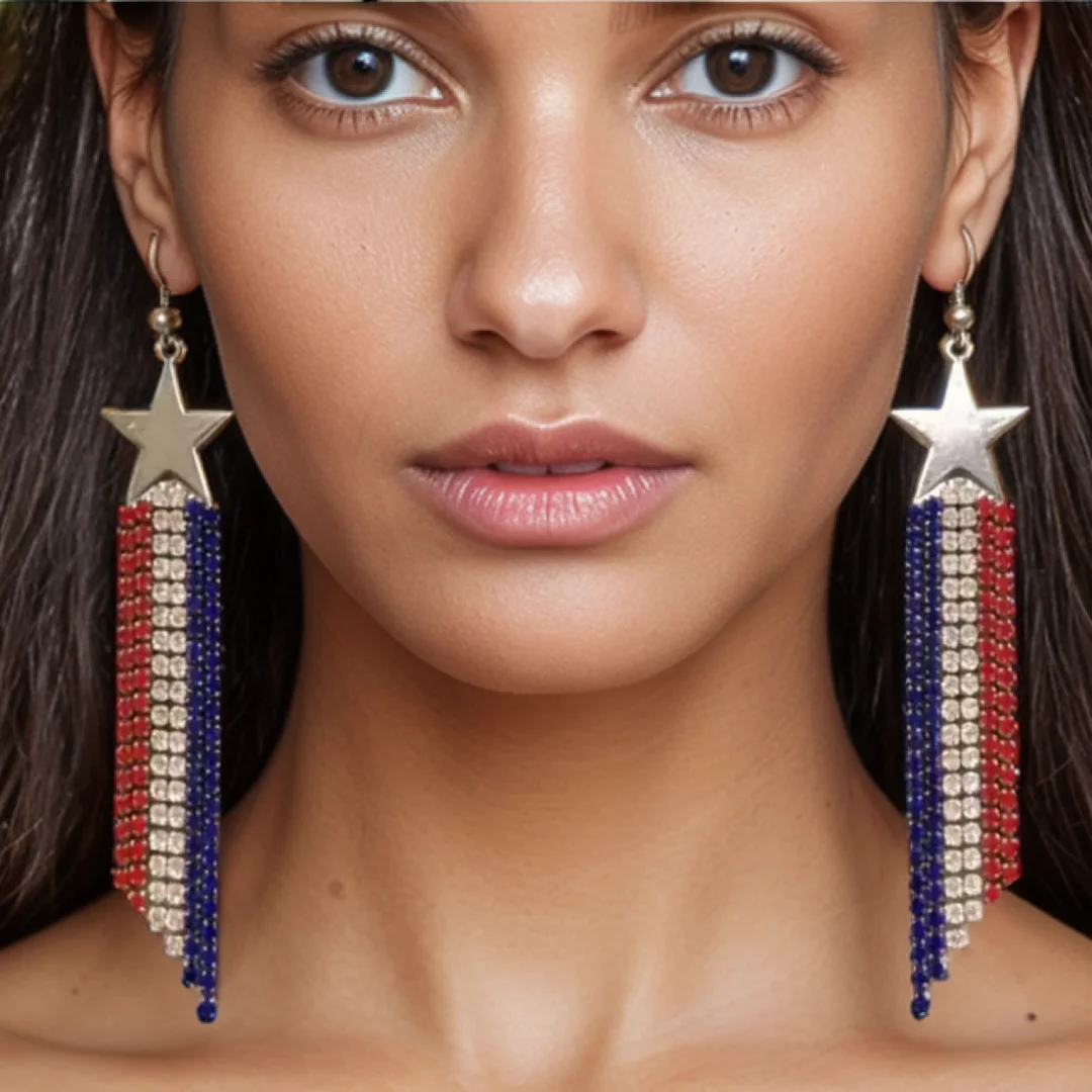 Fashion Independence Day American Flag Pentagram Long tassel Earrings Set with Rhinestone Party Daily Women's Accessories
