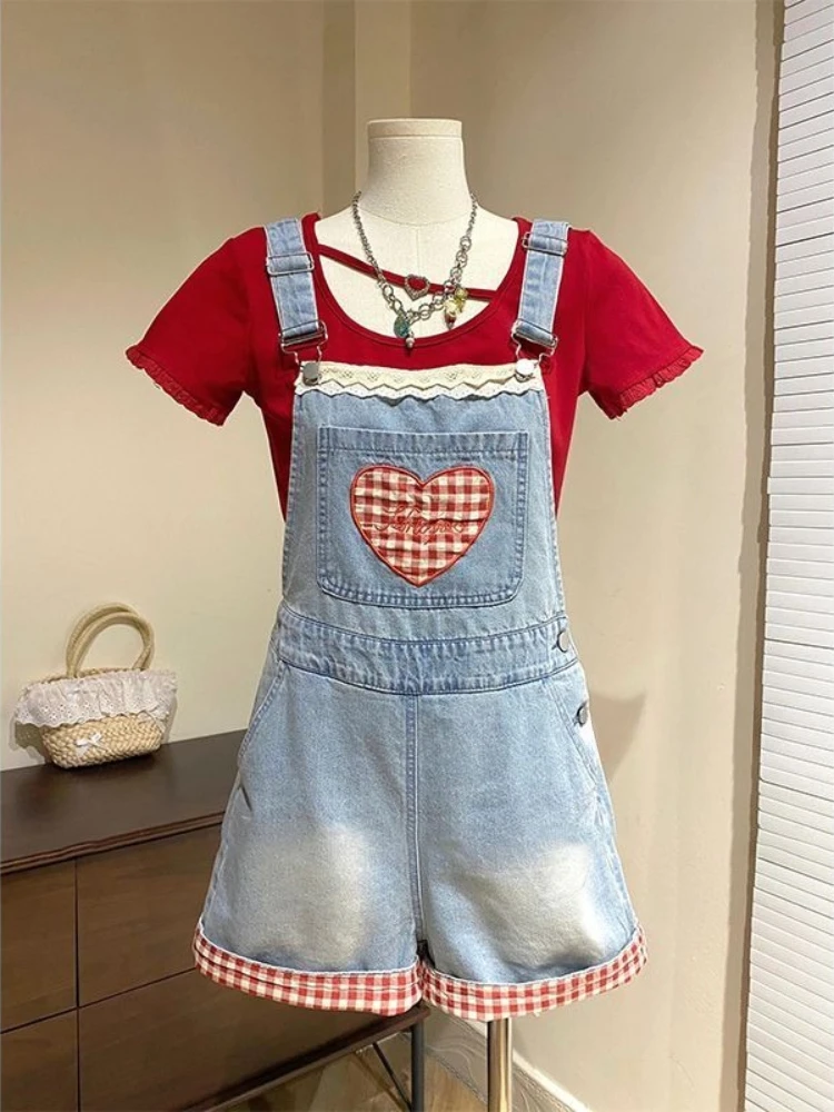 

HOUZHOU Sweet Red Plaid Patchwork Overalls Women Y2k Kawaii Washed Lace Straight Jorts Japanese Style Baggy Casual Strap Shorts