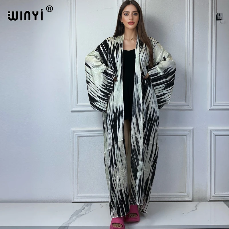 WINYI 2024 High-quality Double-sided Print Silk feel Dress Beach Wear Boho Cardigan abaya women muslim dress Long Sleeve Kimono