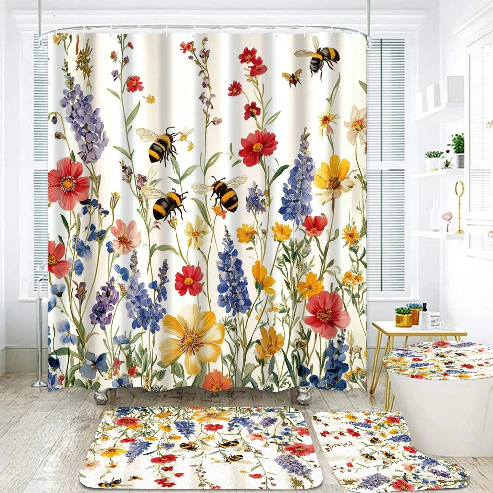 Waterproof Shower Curtain Set Beautiful Flowers and Plants Bath Rug and Mats with Hooks Toilet Seat Cover Bathroom Decoration