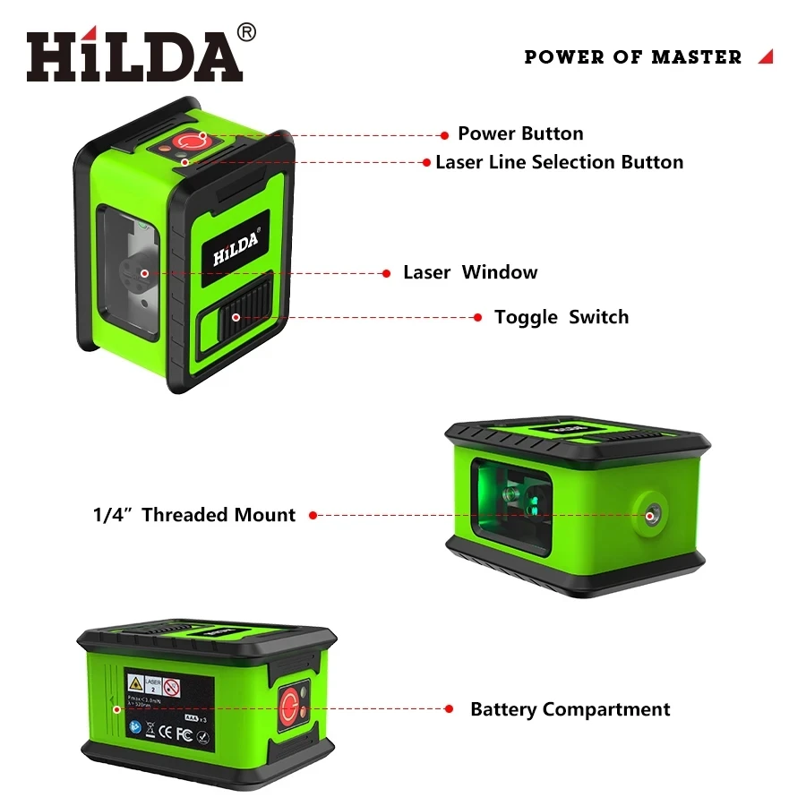 HILDA 2-line Laser Level Instrument Cross Green Light Horizontal Laser Horizontal And Vertical Self-Leveling Green Beam