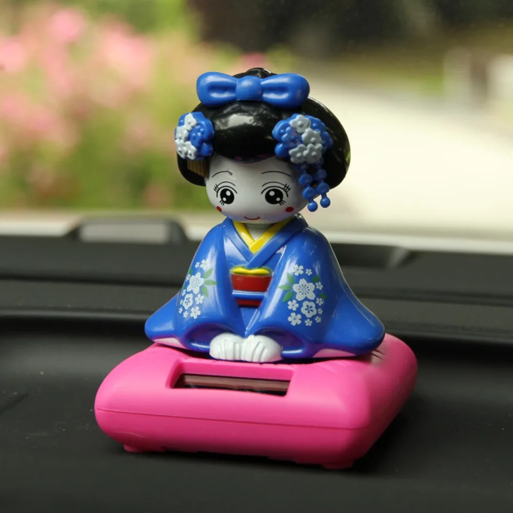 New Solar Powered Japanese-Style Doll Car Ornament Kimono Girl Shaking Head Nod Head Cartoon Doll Dashboard Cute Car Accessories