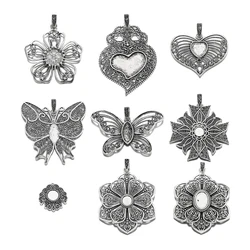 2Pcs Tibetan Silver Filigree Flower Butterfly Charms Pendant Cabochon Base Blank Bezel Setting For DIY Necklace Jewelry Making