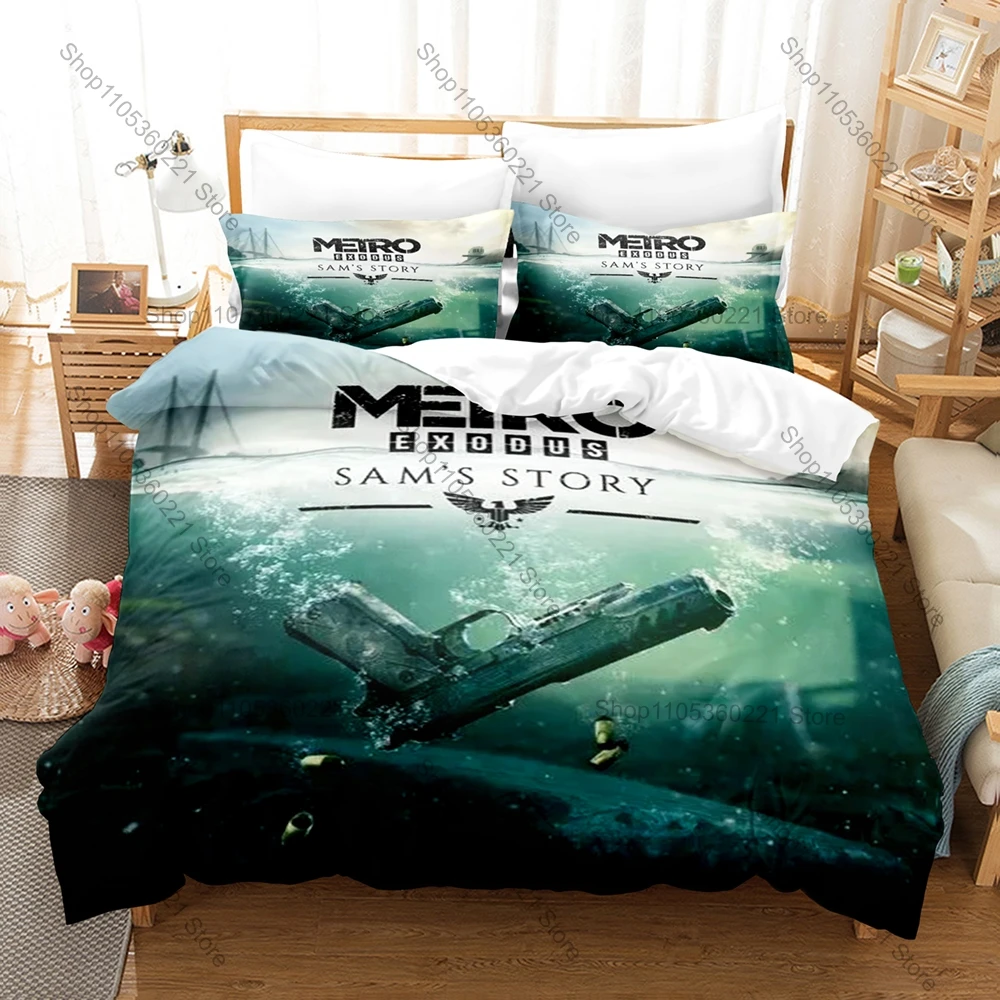 Capa de edredom Metro Exodus + 2 fronhas com estampa gráfica Frozen Wasteland Tunnel, 3 peças, capa de edredom com zíper para quarto de jogador da série Metro