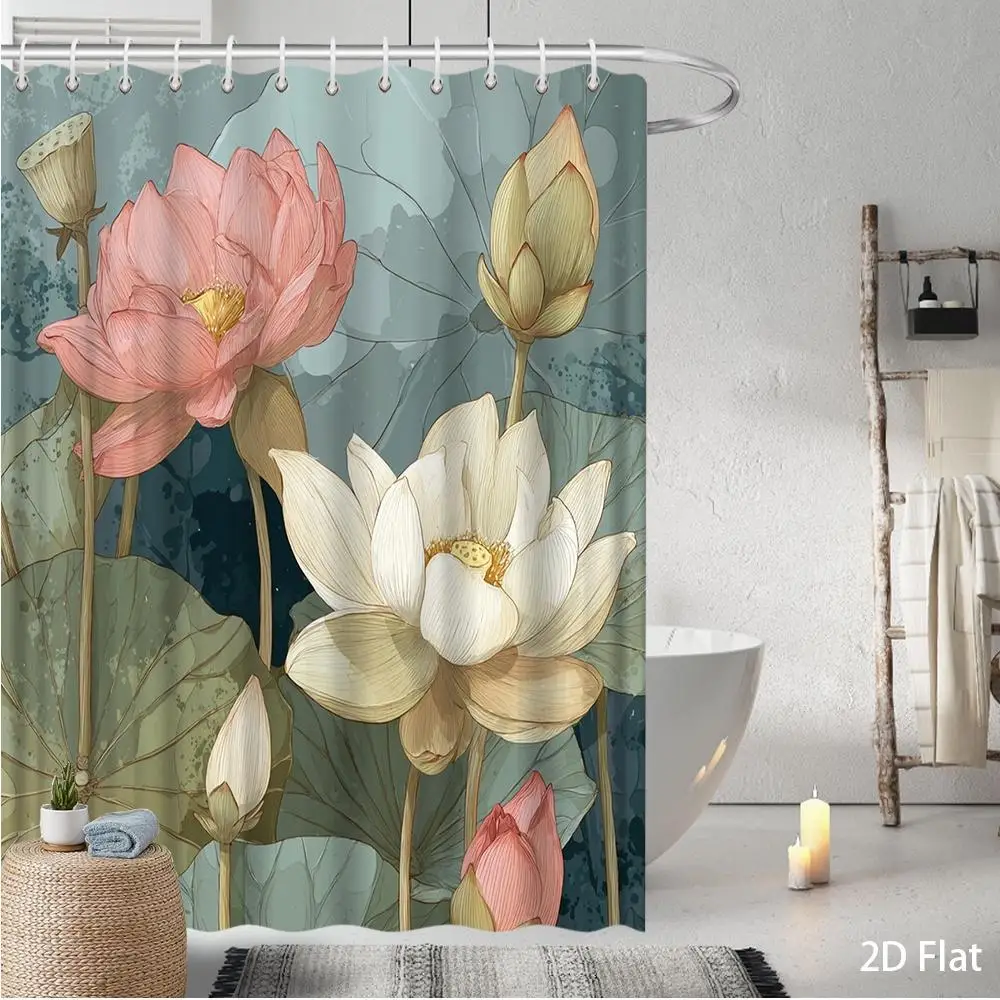 Large Tropical Lotus Floral Pattern Shower Curtain Waterproof Botanical Art for Bathroom Decor Home Style Polyester