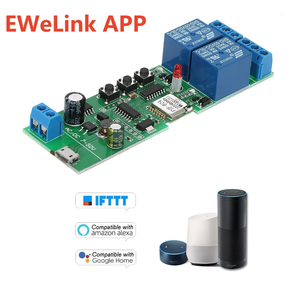 Ewelink Switch WiFi Remote Control Switch USB 5V/DC 7-32V 2CH Timing Relay Receiver for Garage/Motor/Light,work with Alexa