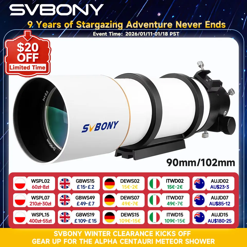 Svbony SV48P 90/102mm Apertura OTA Telescopio astronomico Doppia velocità Focalizzatore Rifrattore per Astrofotografia del cielo profondo