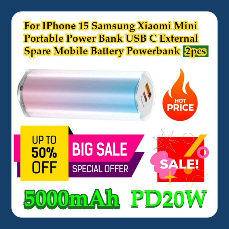 

For IPhone 15 Samsung Xiaomi 5000mAh Mini Portable Power Bank USB C PD20W External Spare Mobile Battery Powerbank 2pcs
