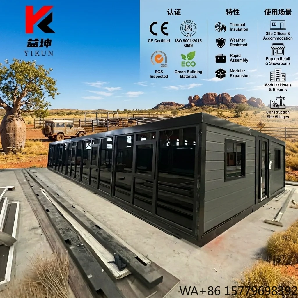 40ft Double Wing Expandable Container House Kitchen Toilet Sandwich Panel Steel Construction Hotel/Office Glass House