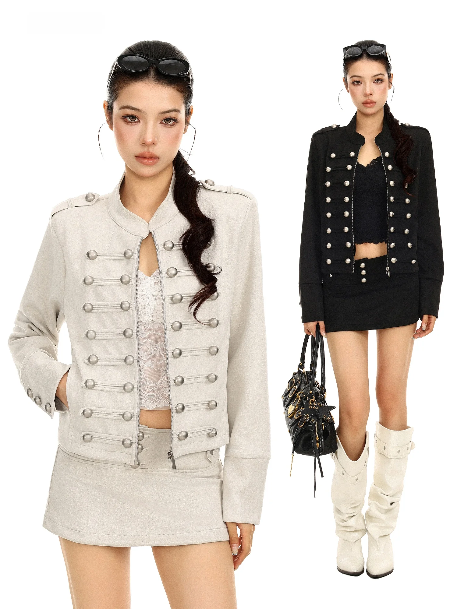 Biggold Napoleon Short Jacket Women's Autumn Vintage Court Style Slimming Coat Metal Button Stand Collar Zipper Long Sleeve Top