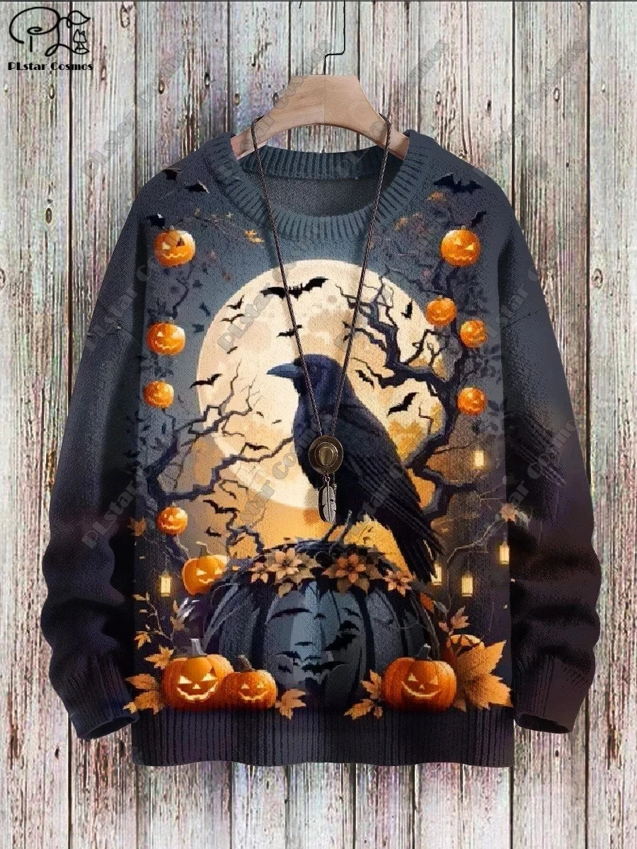 3D-Druck Halloween-Sammlung Hexe Schädel Katze Rabe Kürbis hässlichen Pullover lässig Unisex Winter Sweatshirt W-2