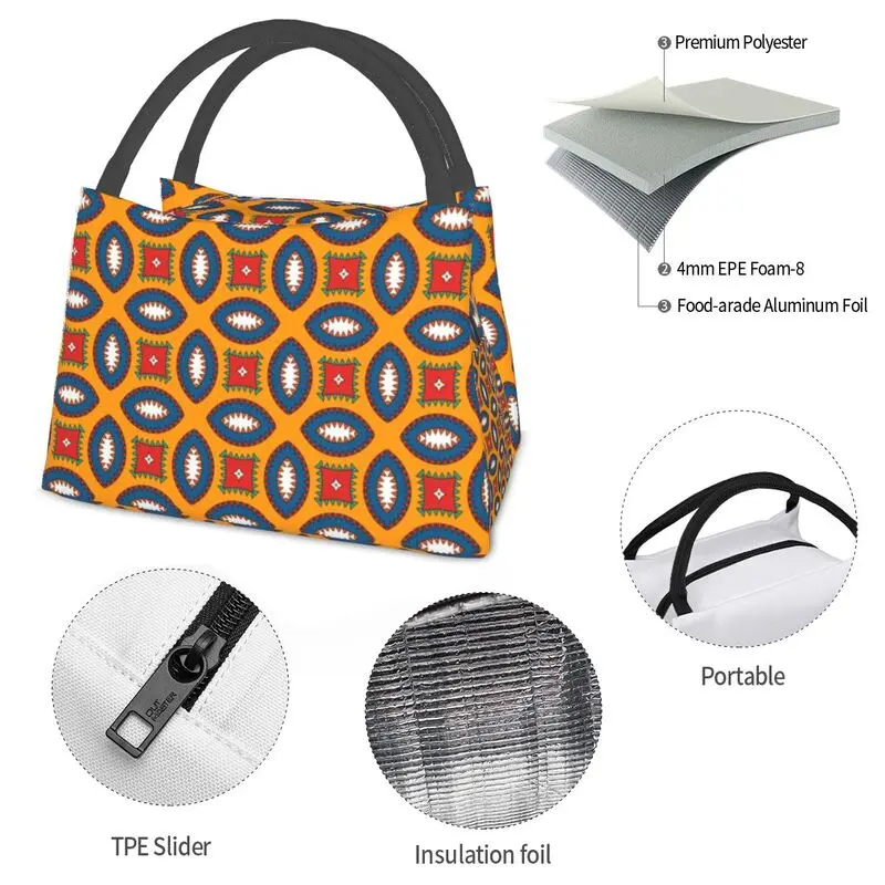 Colorful African Ankara Pattern Thermal Insulated Lunch Bags Women Geometric Lunch Container for Office Outdoor Meal Food Box