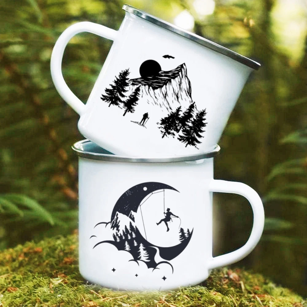 Climbing The Moon Emaille Camping-Kaffeetassen Lagerfeuer-Becher Outdoor-Camp-Stil Berg-Reisebecher Outdoor-Festival-Reise