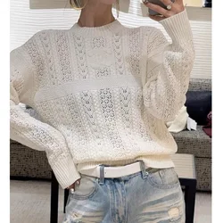 Autumn Winter New Hollow Out Thin Sweaters Office Lady Vintage Chic Pullovers Letter Jacquard Knitted Tops