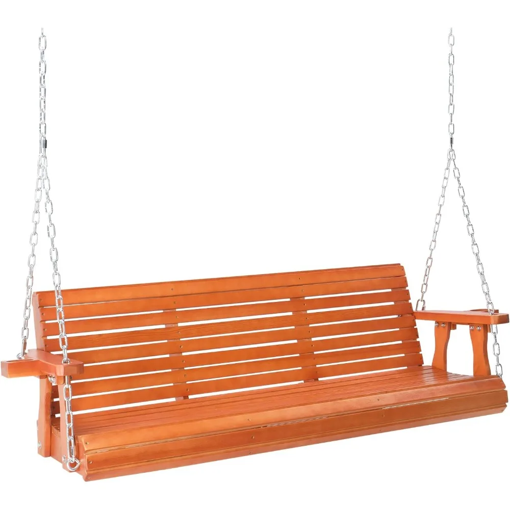 

Heavy Duty 880 LBS Patio Porch Swing Outdoor with Cup Holder, Hanging Chair with Adjustable Secure Chains, Pine Wood Outdoor