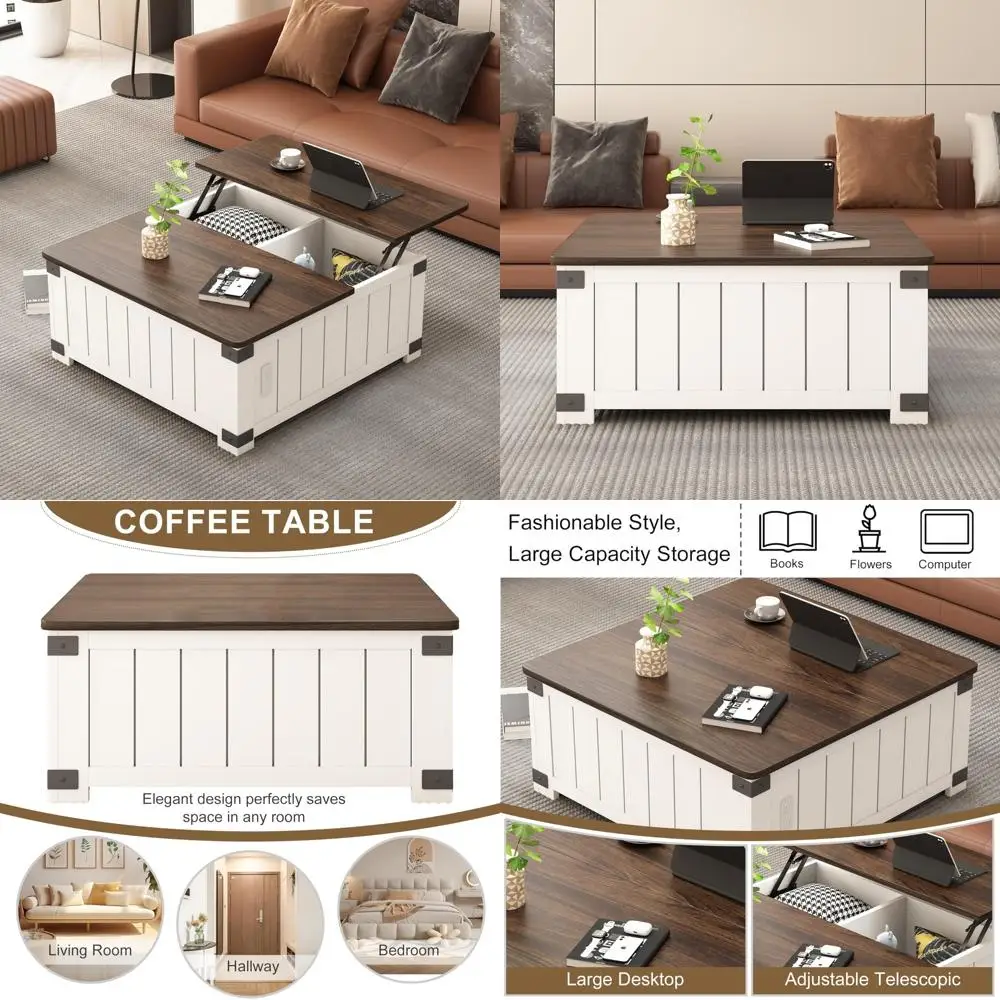 

Charging Station Coffee Table with Lift Top and Storage, Wood Square Center Table, 4 Grids Layout for Living Room