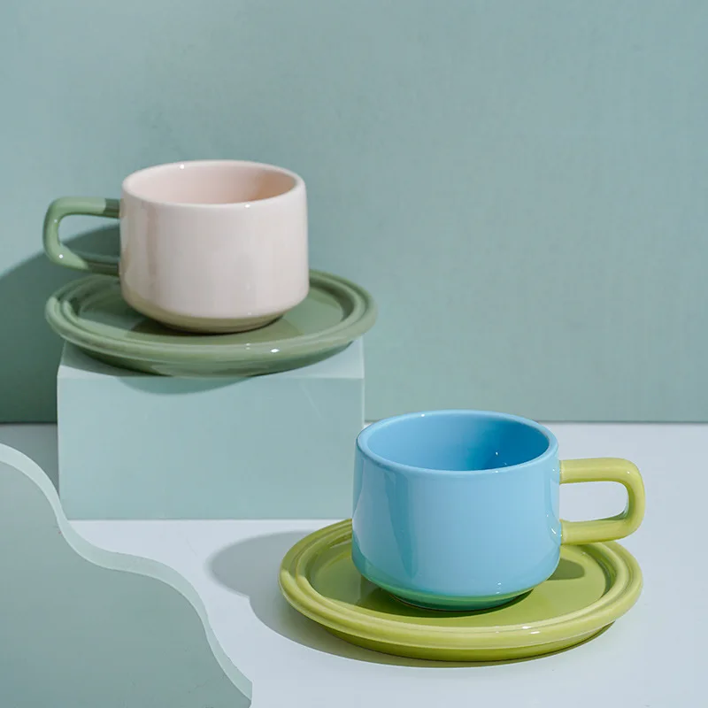 Fun Contrasting Color Coffee Set, Home Tea Cup Set, Ceramic Cup, Two-color Cup, Beverage Container, Coffee Cup