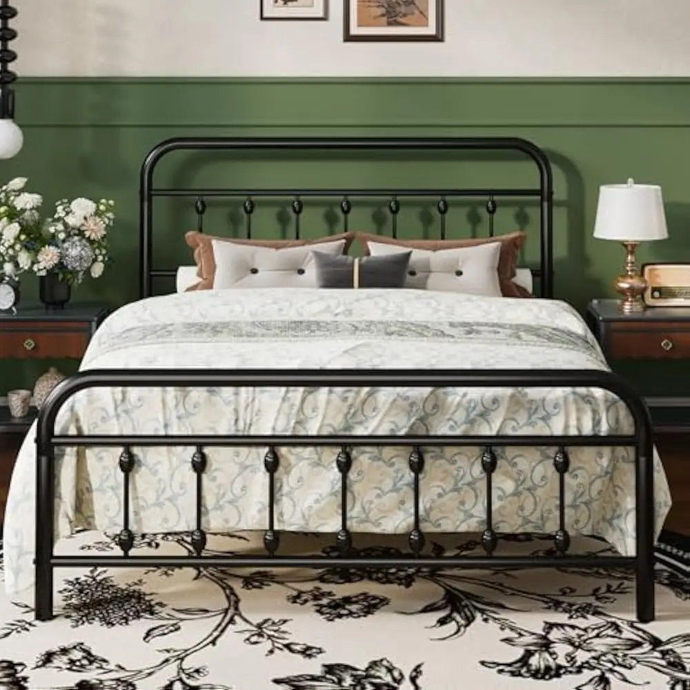 

Queen Size Bed Frame with Iron-Art Headboard and Footboard, Easy Assembly, Under Bed Storage, No Box Spring Required