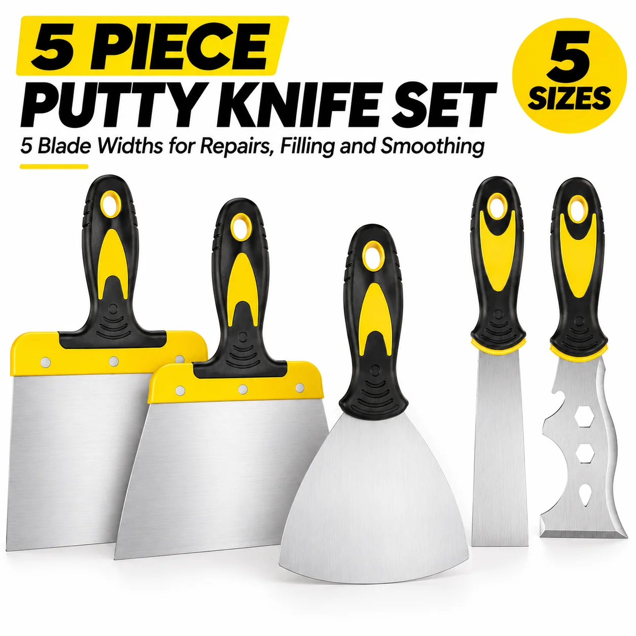 5 Piece Putty Knife Set Stainless Steel Drywall Taping Knives Paint Scraper Spackle Tools for Wall Repair Plaster Smoothing Wall