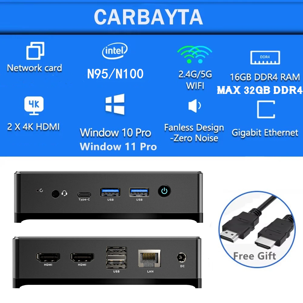 Carbayta-ミニPC,Intel Alder Lake,n95,n100,8GB, 16GB, Windows 11 Pro, 4k,60hz,2 hdmi,win11ミニPC