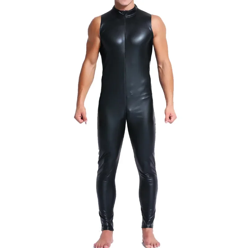 Mens Faux Leather Zipper Crotch Bodysuit One-piece Bodycon Catsuit Male Long Leotard Fetish Clubwear Sexy PU Leather Jumpsuit