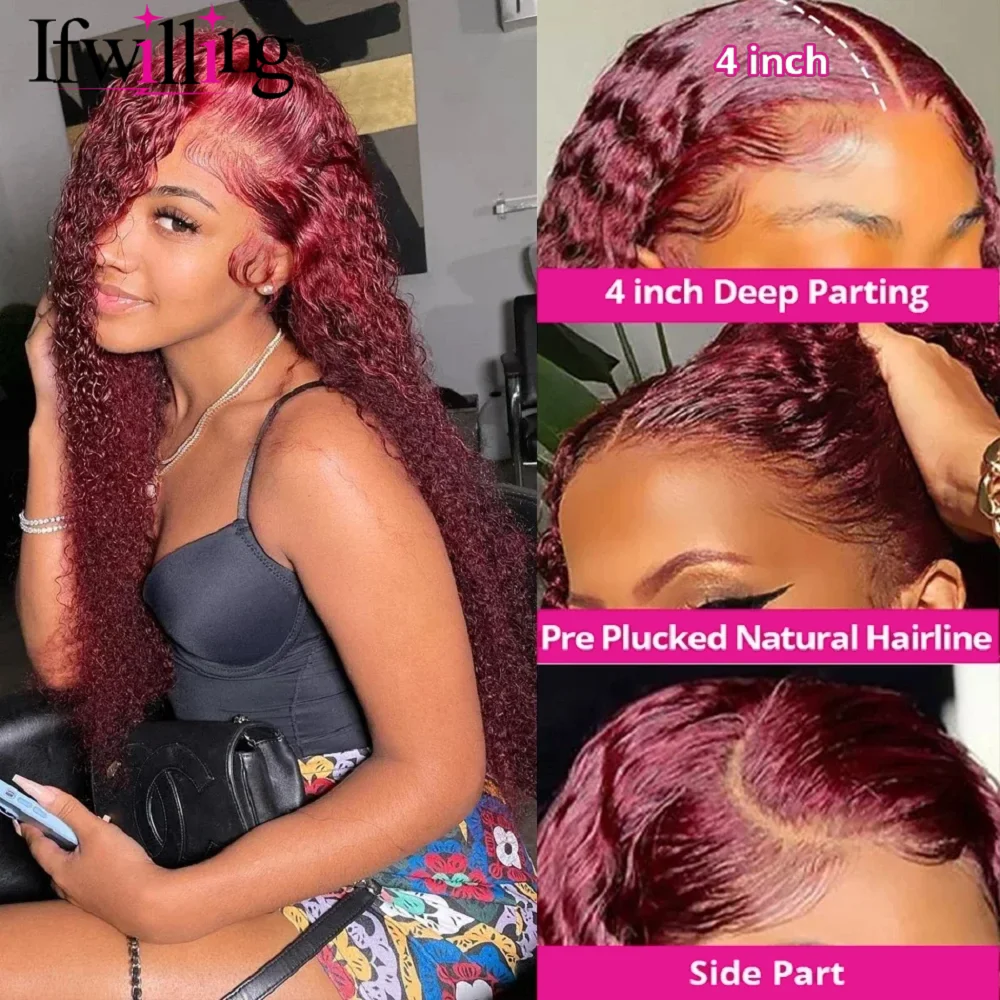 Perruque Lace Frmeds Wig naturelle, cheveux crépus bouclés, couleur bordeaux, 13x6, 99j HD