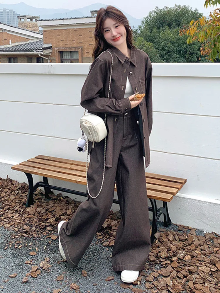 

VTKW Women’s 2025 Spring Summer Coffee Brown Designer Denim Set High Waist Wide Leg Pants Casual Street Style Two Piece Outfit