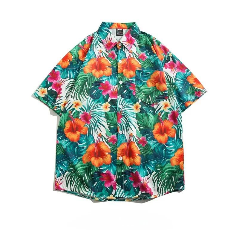 Summer Men's Retro Hawaiian Short Sleeve Floral Shirt Loose Handsome Beach Vacation Quick Drying Half Sleeve Flower Shirt